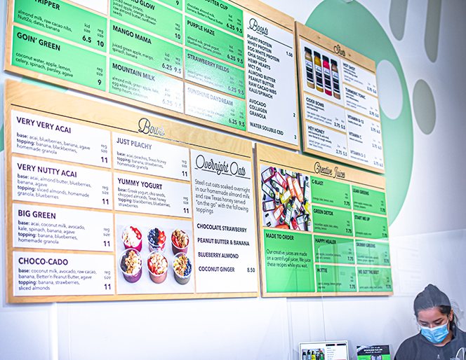 Menu boards at The Juice Bar